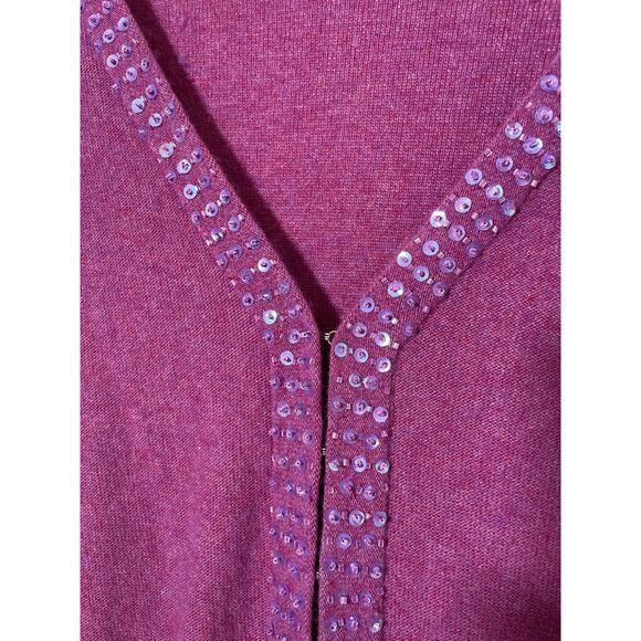 Vintage Y2K Plenty Wool Blend Magenta Deep V Cardigan / Sz L / Fitted Sequined - Picture 9 of 10